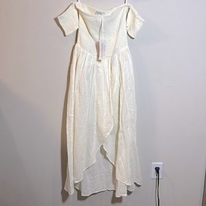 Indie Blue White midi Smocked Off Shoulder Dress Small NWT